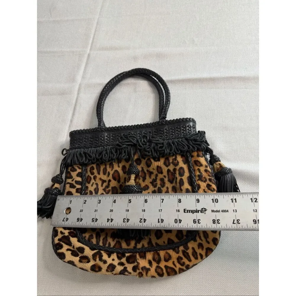 Francesco Biasia Leopard Haircalf Leather Tassel Satchel Top Handle Bag Italy